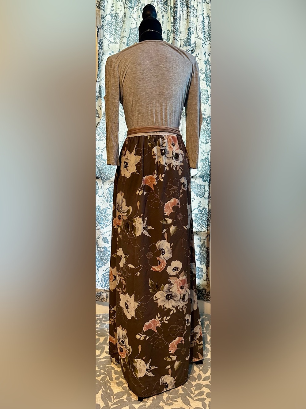 Grey Floral Maxi Dress with Peach Accents and Sash - Picture 2 of 6